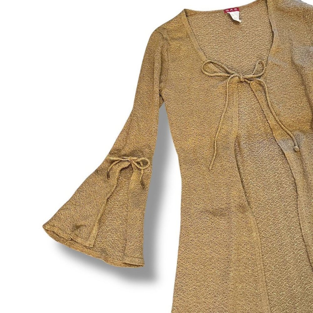 Y2K G.A.S Bohemian Gold Sheer Bell Sleeve Tie-Front Cardigan - Picture 2 of 7